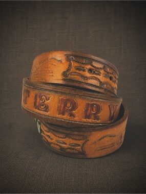 Vintage Stamped Western Leather Belt Tan Tooled Leather | No Buckle